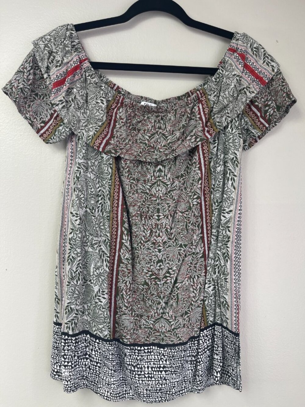 DR2 Womens M Off Shoulder Boho Blouse Paisley Floral Rayon Peasant Top
